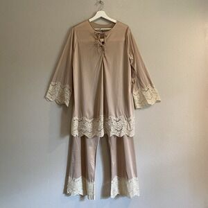 Vtg 70s Gilead‎ 2pc Pajama Set Mint Champagne Lace Angel Sleeve Loungewear Large